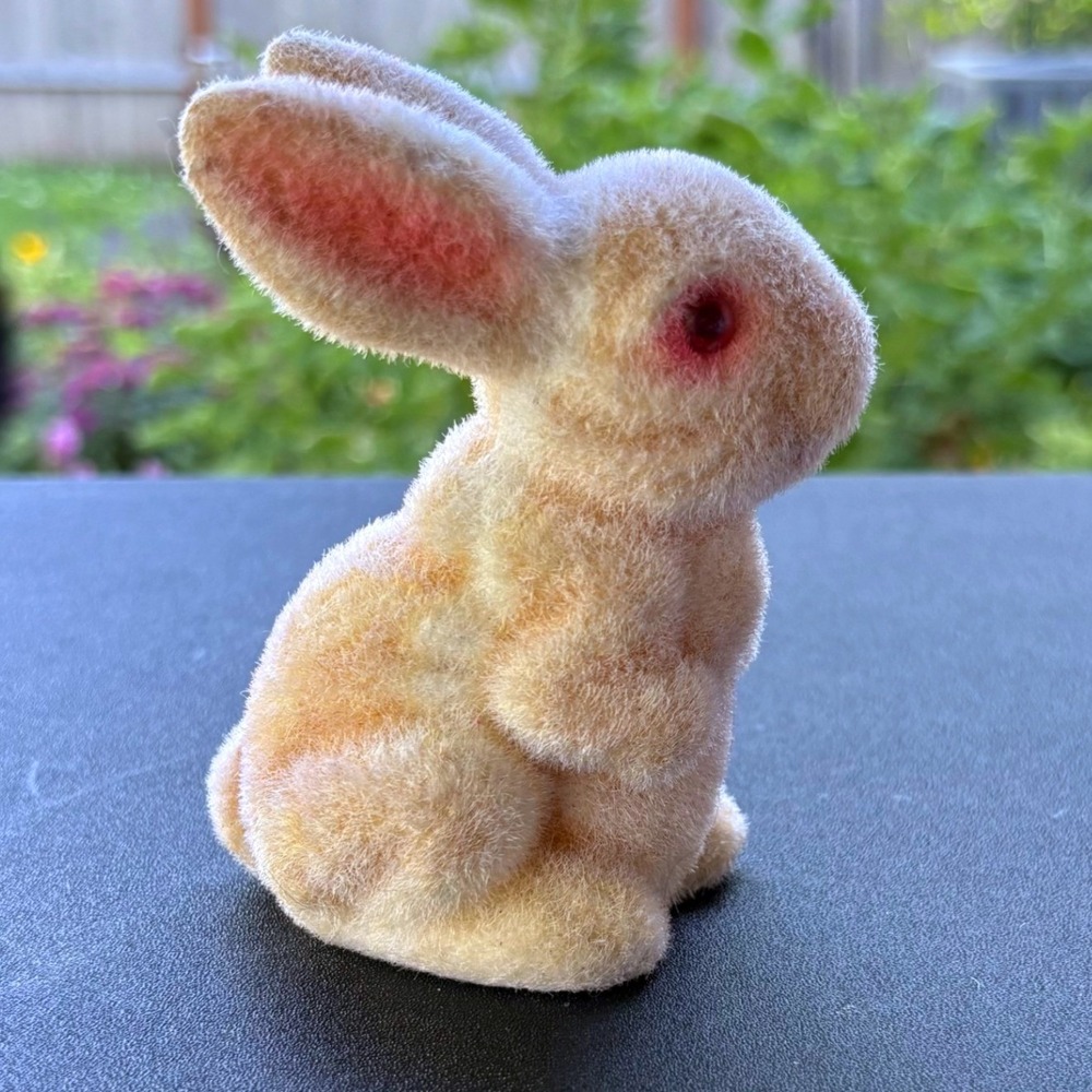 Vintage SSCO Flocked Bunny Rabbit Figurine Pink Eyes Tan Cream Hong Kong Easter